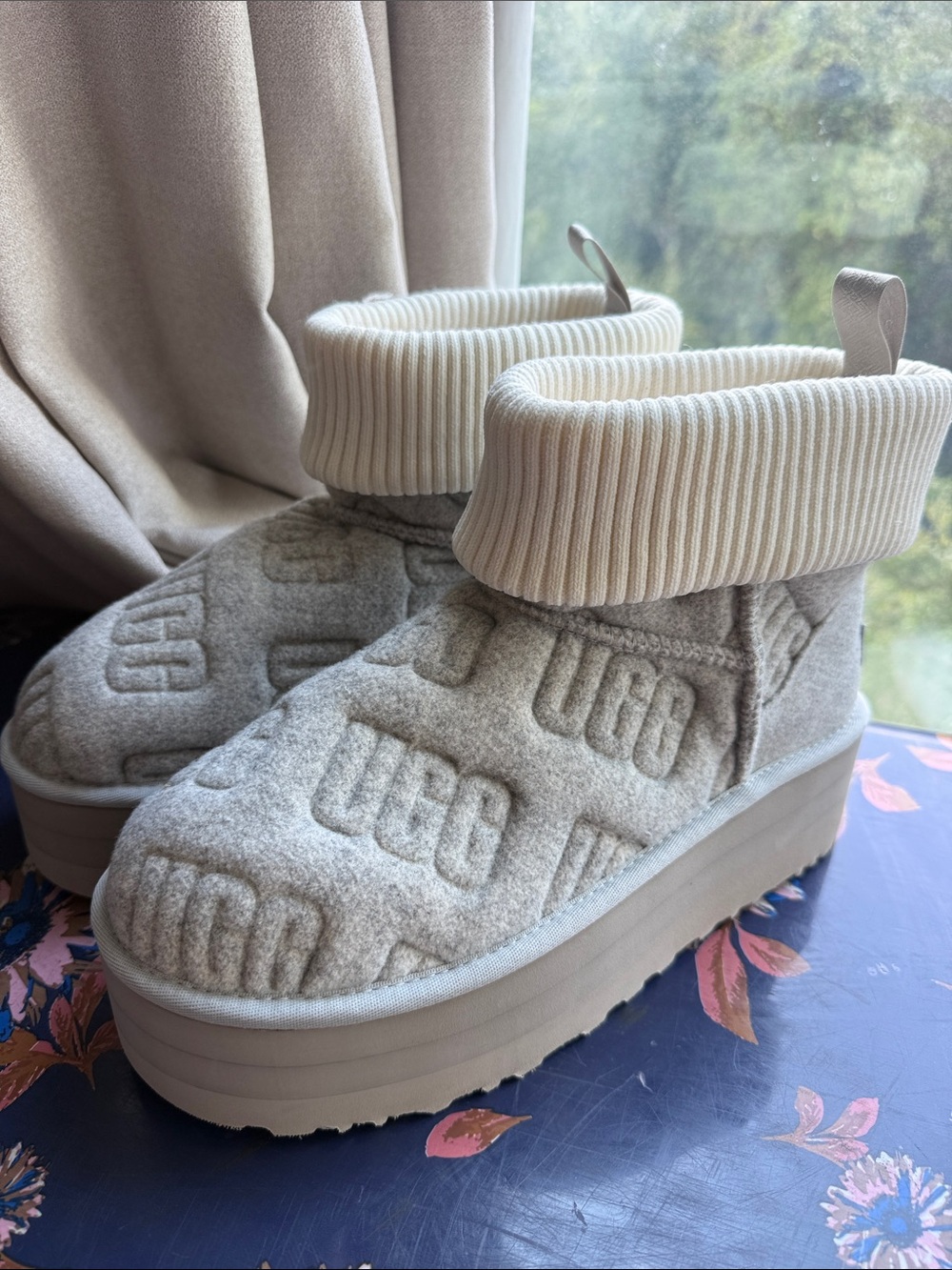 UGG Quilted Logo Platform Ankle Boot in Light Gray with Cream Cuff